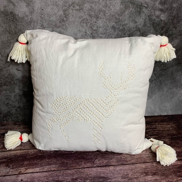 Hearth & Hand ~ Embroidered Deer Pillow with Tassels and Red Accent - Picture 1 of 5